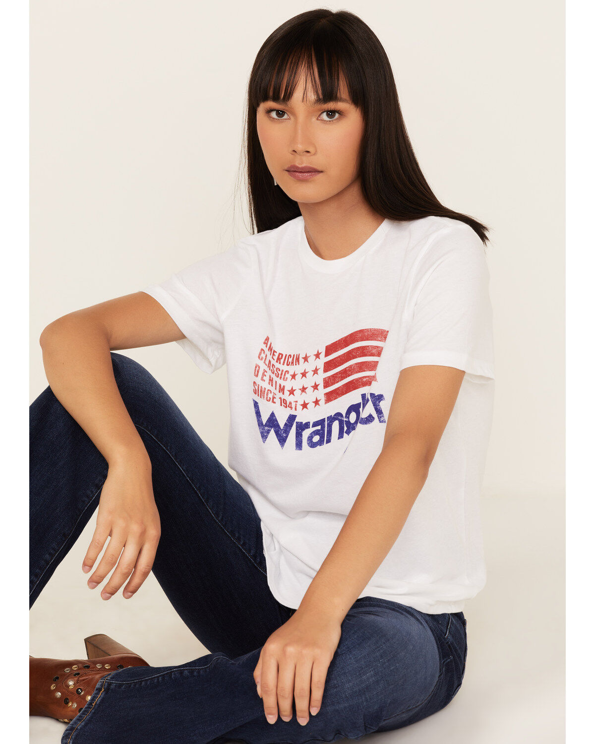 Women's Wrangler Vintage Americana Flag Logo Graphic Tee