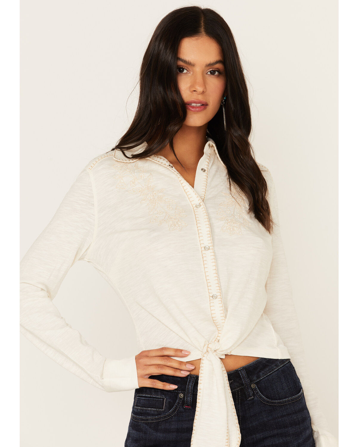 Women's Idyllwind Embroidered Tie Front Knit Long Sleeve Western Pearl
