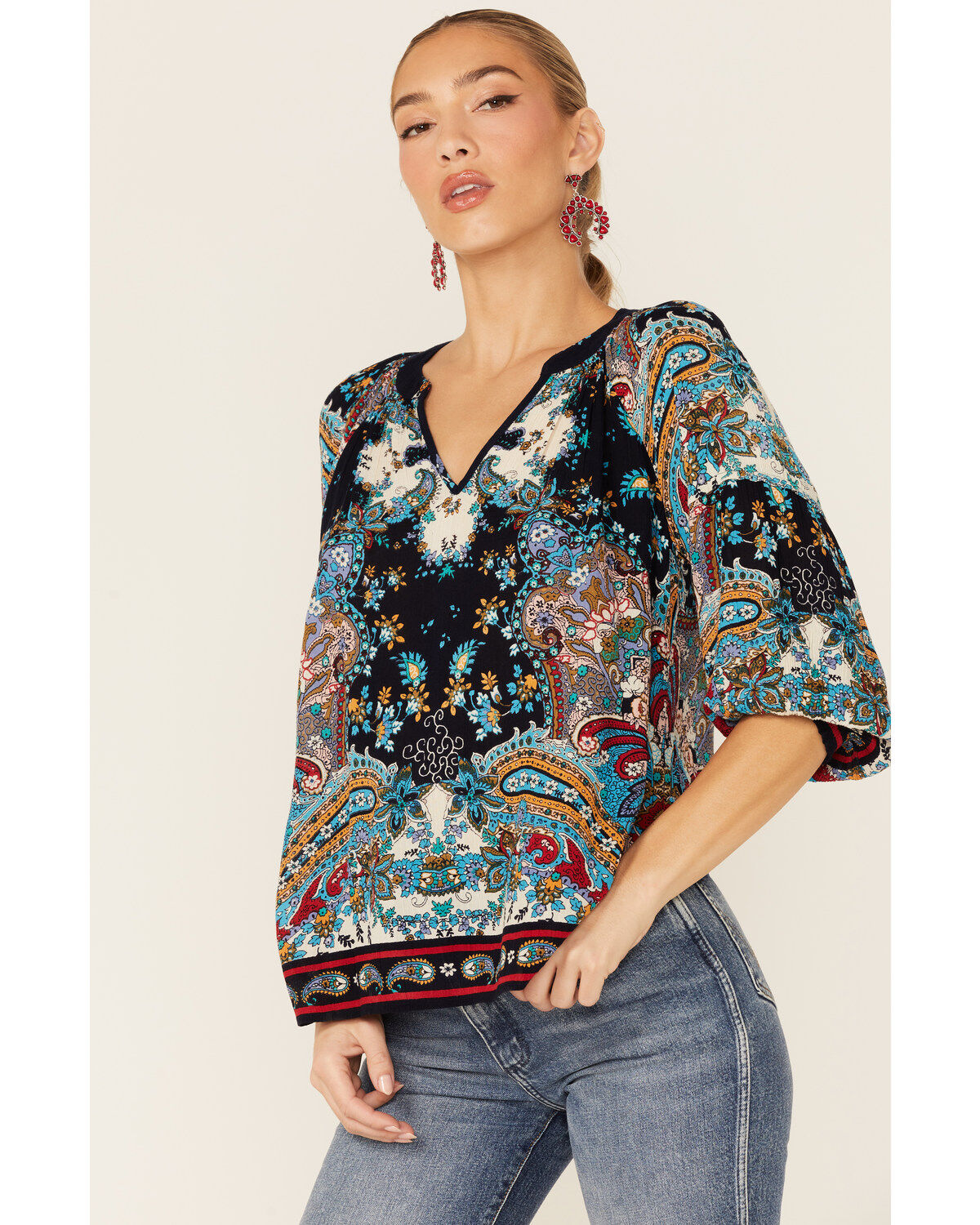 Women's Bila Boho Border Print V-Neckline Top