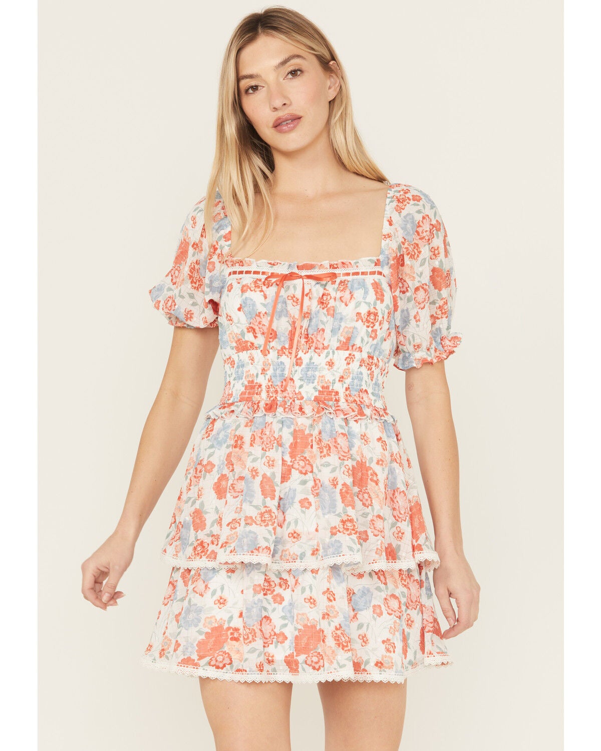 Women's Ash & Violet Floral Print Short Sleeve Lace Trim Mini Dress