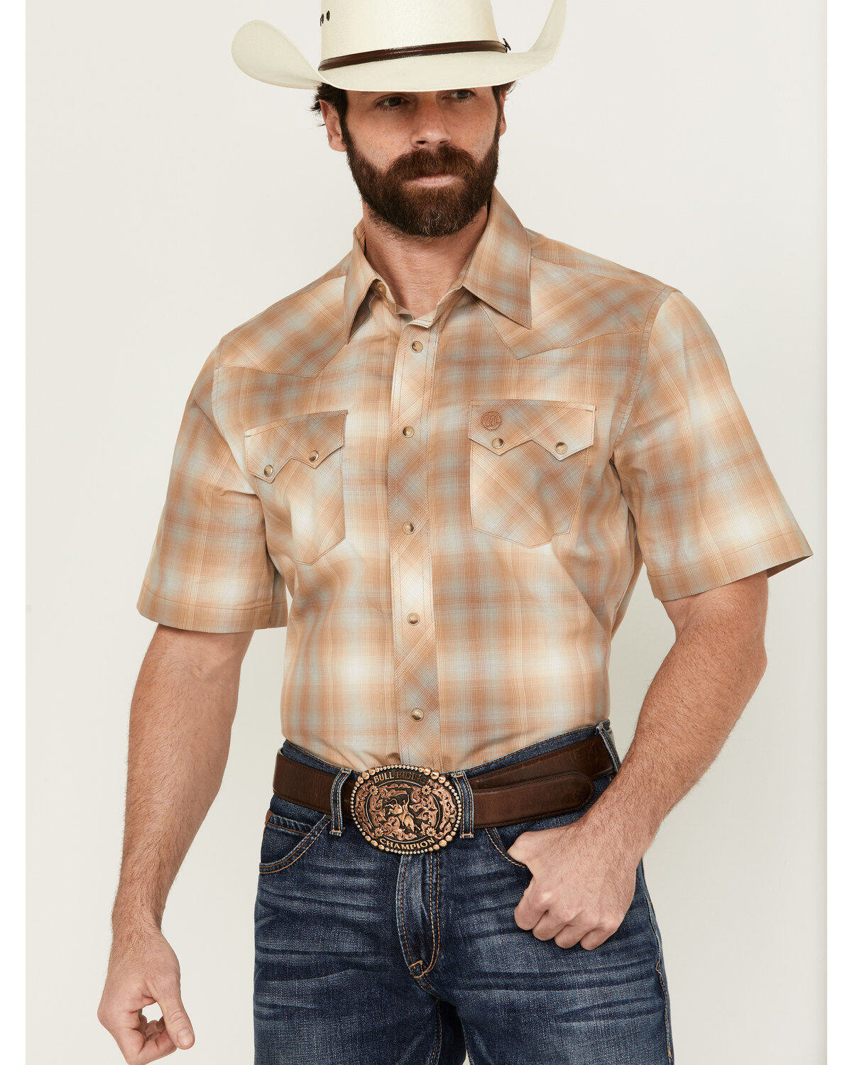 Men's Wrangler Retro Ombre Plaid Print Short Sleeve Snap Western Shirt