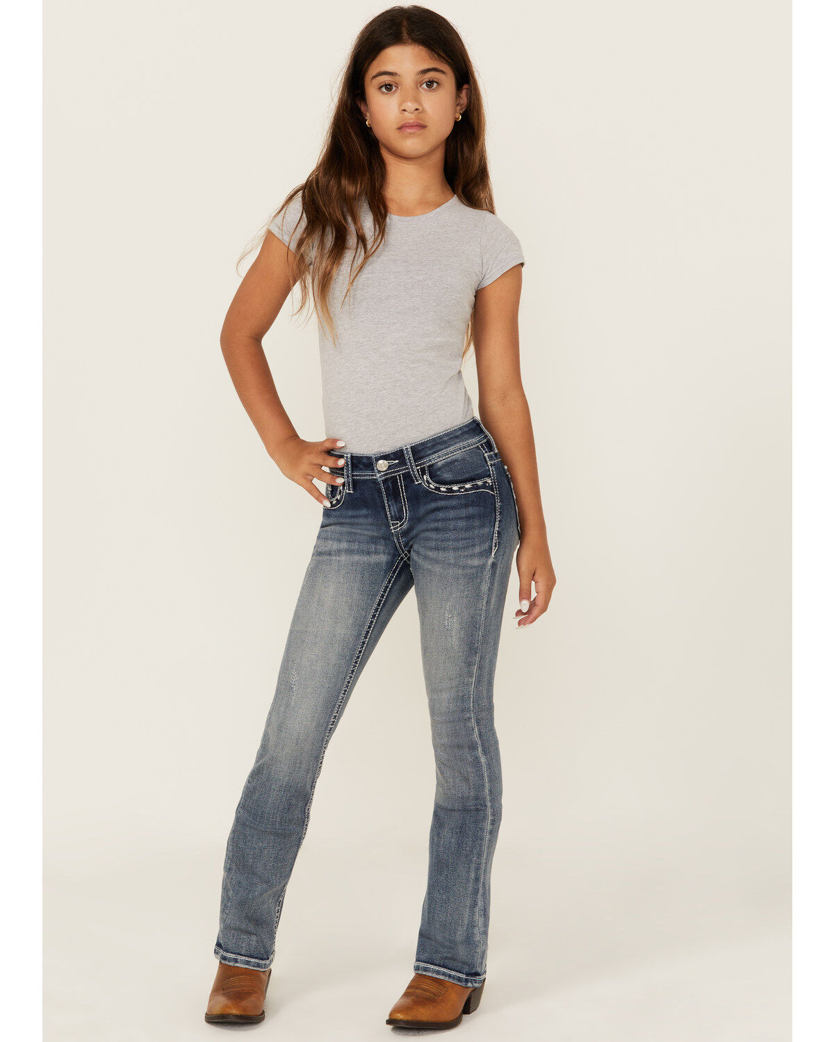 Girls' Grace in LA Medium Wash Butterfly Pocket Bootcut Stretch Denim