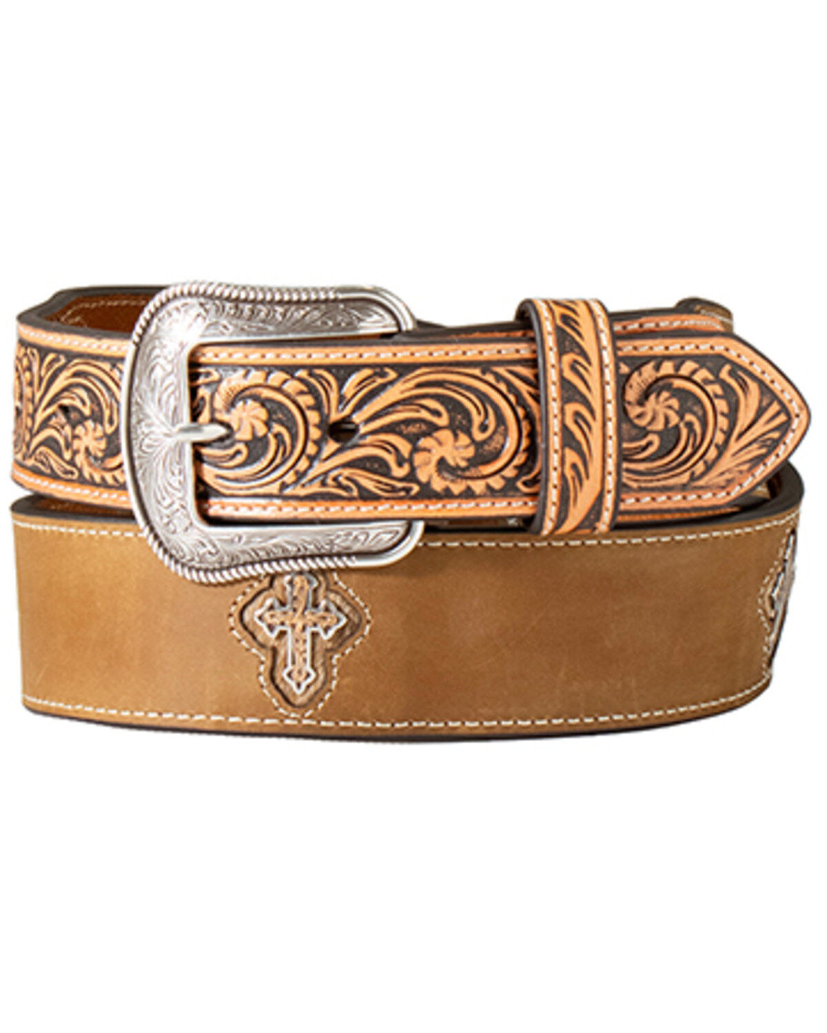 Men's M & F Western Tooled Cross Leather Belt
