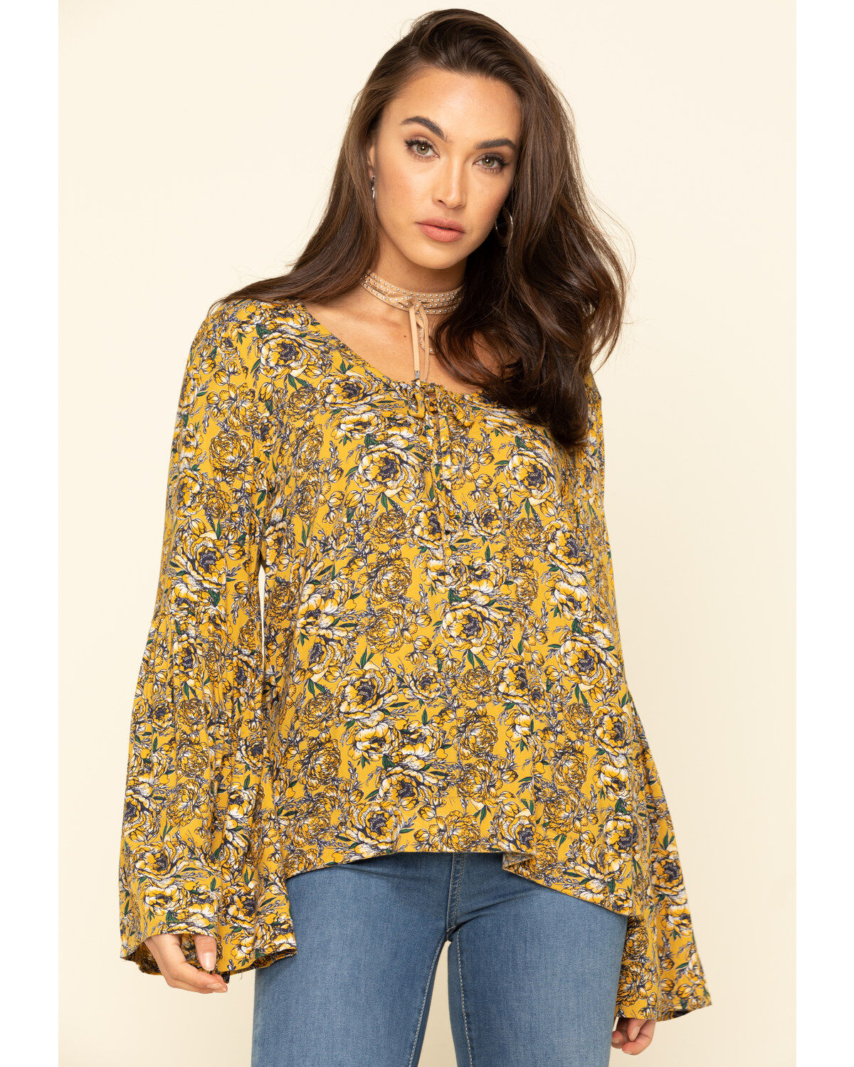 Women's Rock & Roll Denim Yellow Floral Bell Sleeve Top