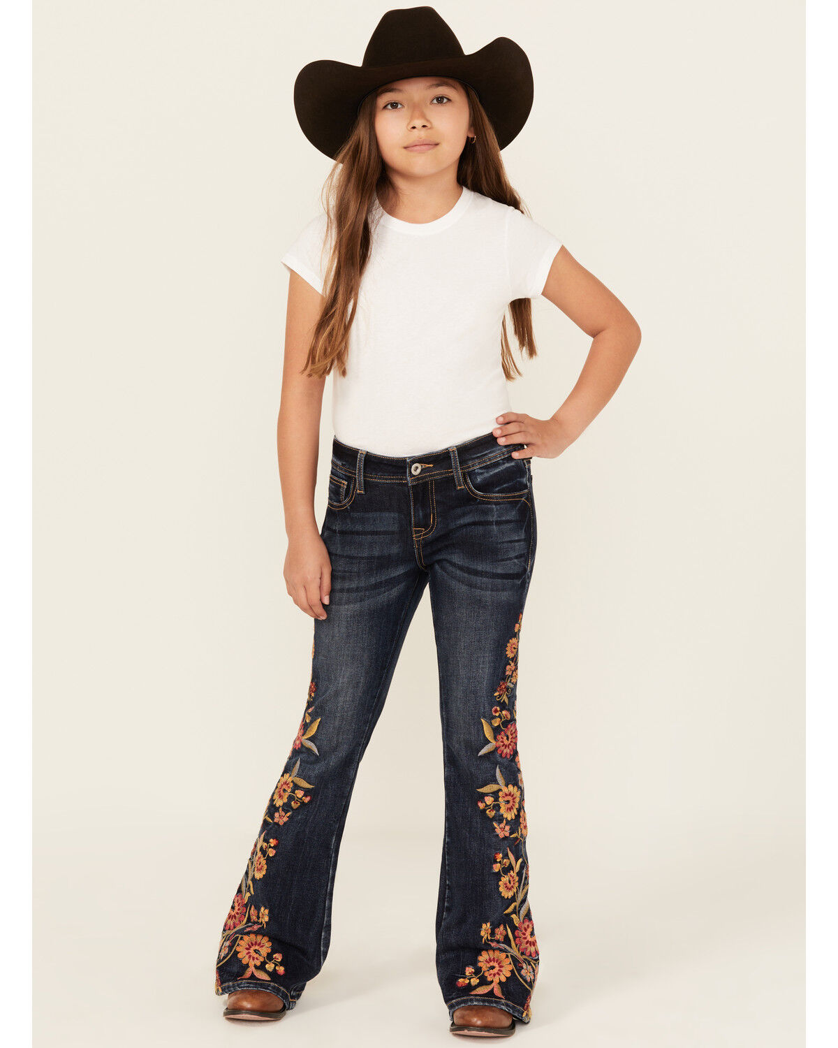 Girls' Grace in LA Dark Wash Floral Embroidery Flare Stretch Denim Jea