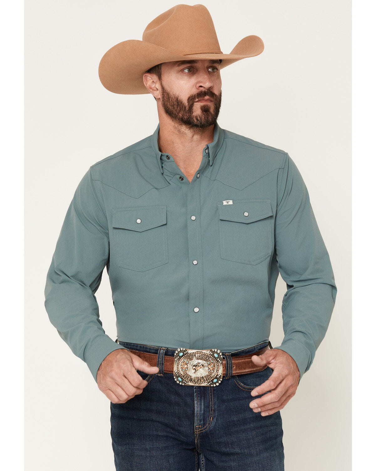 Men’s Ferrell Tek Short Sleeve Western Pearl Snap Shirt in Solid Blue – Stretch Performance UPF 50+ Snap Front Work Shirt