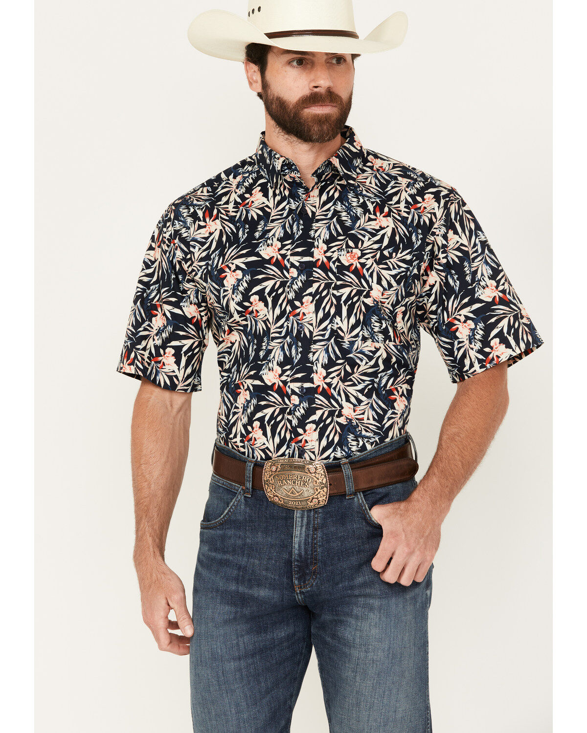 Men's Ariat Omer Print Fitted Short Sleeve Button-Down Western Shirt