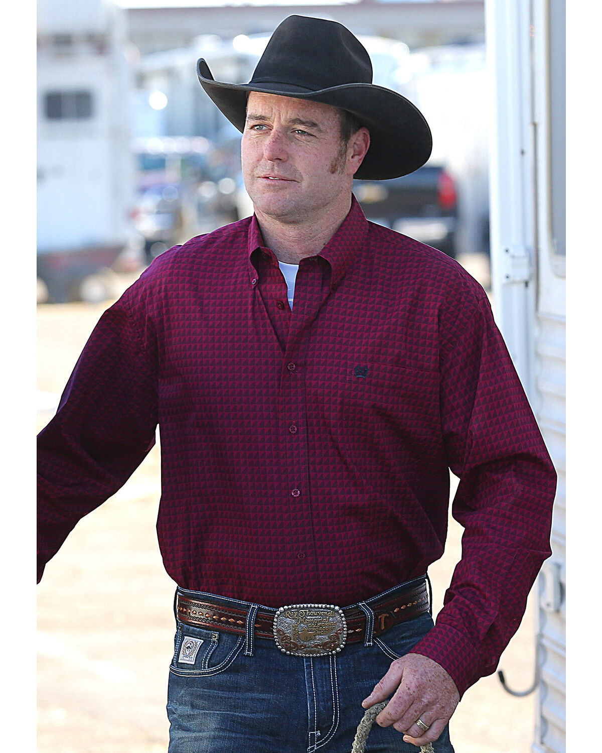 Men's Cinch Burgundy Plain Weave Printed Long Sleeve Shirt