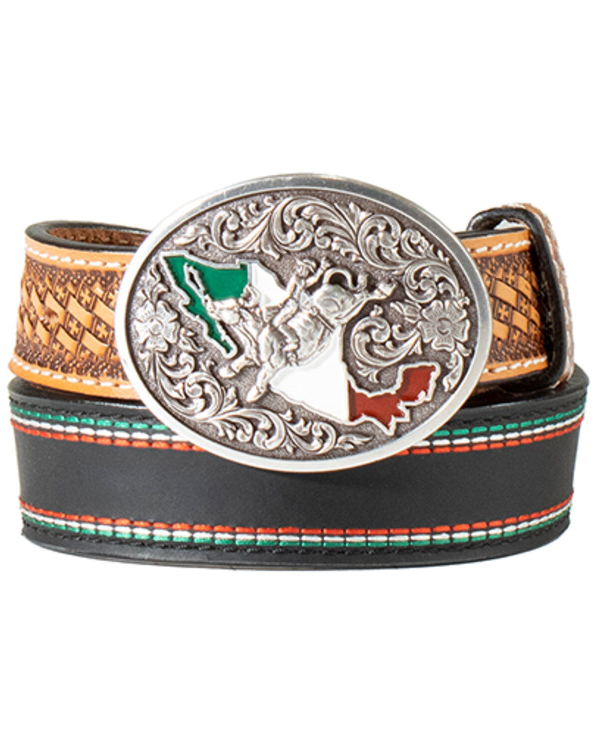 Boys' M & F Western Mexican Flag Tooled Leather Belt