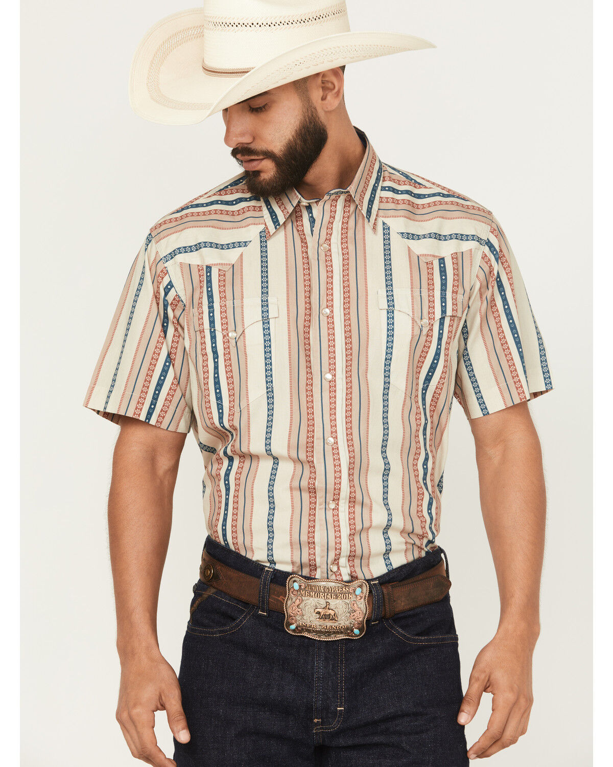 Men's Roper West Made Southwestern Striped Short Sleeve Pearl Snap Wes