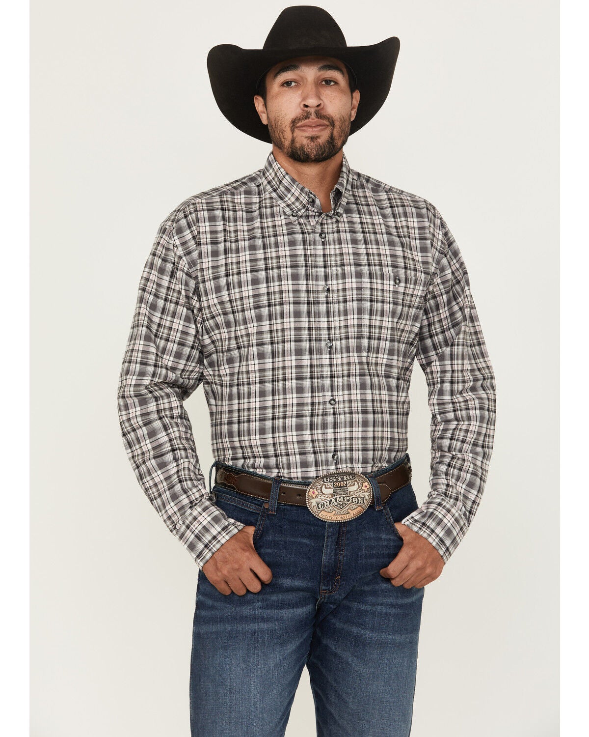 Men's Wrangler Bucking Cancer Plaid Print Long Sleeve Button-Down West