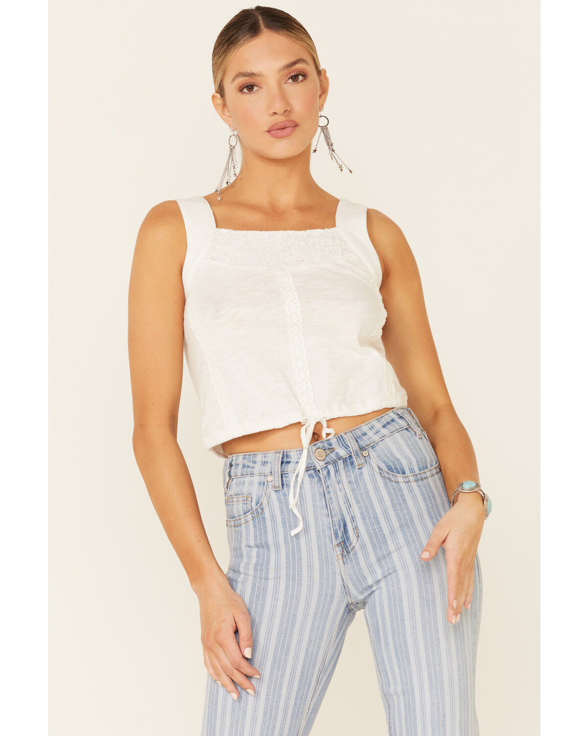 Women's Rock & Roll Denim Lace Insert Crop Tank Top