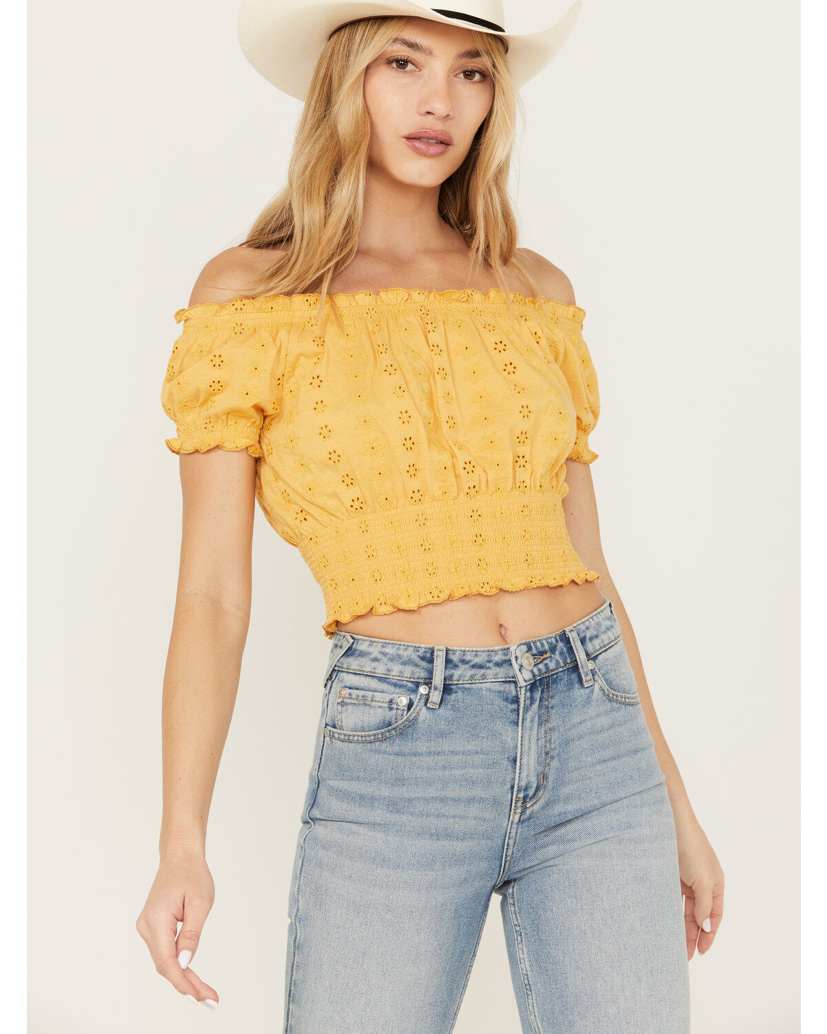 Women's Cleo + Wolf Knit Eyelet Smocked Crop Top