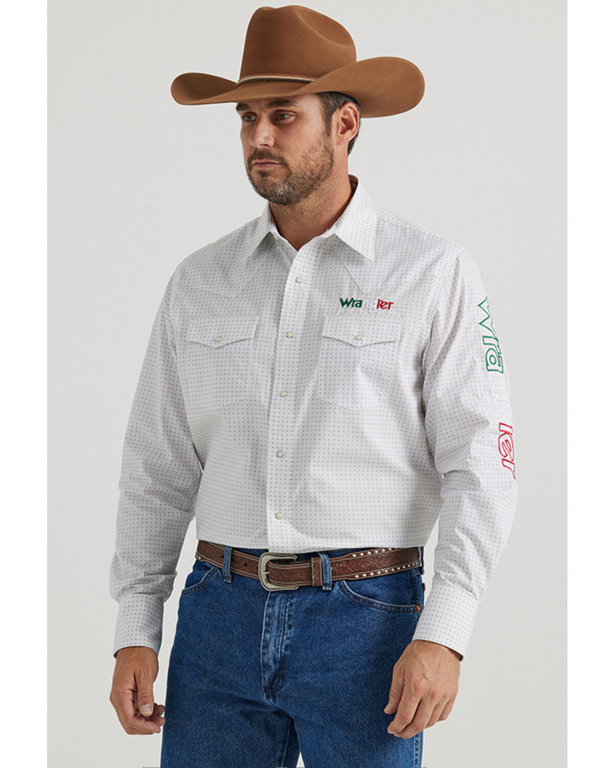 Men's Wrangler Mexico Logo Geo Print Long Sleeve Snap Western Shirt