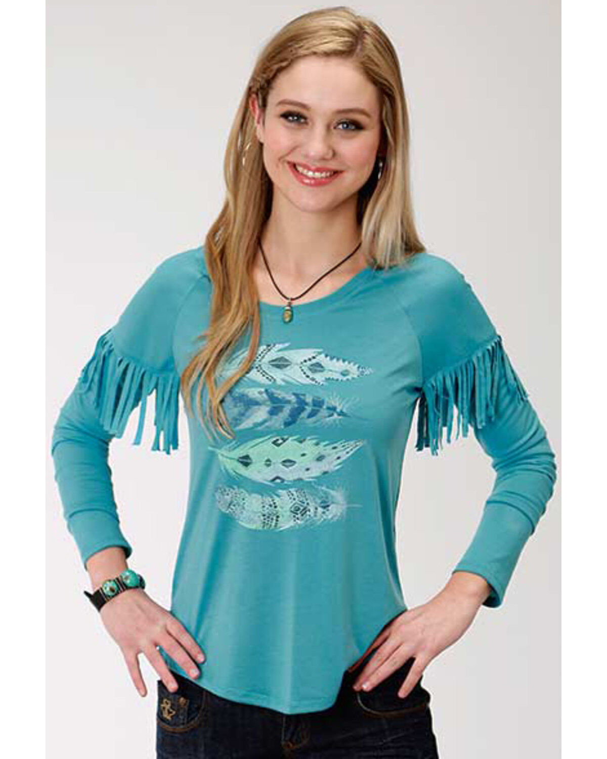 Women's Roper Solid Blue Feather Graphic Long Sleeve Top