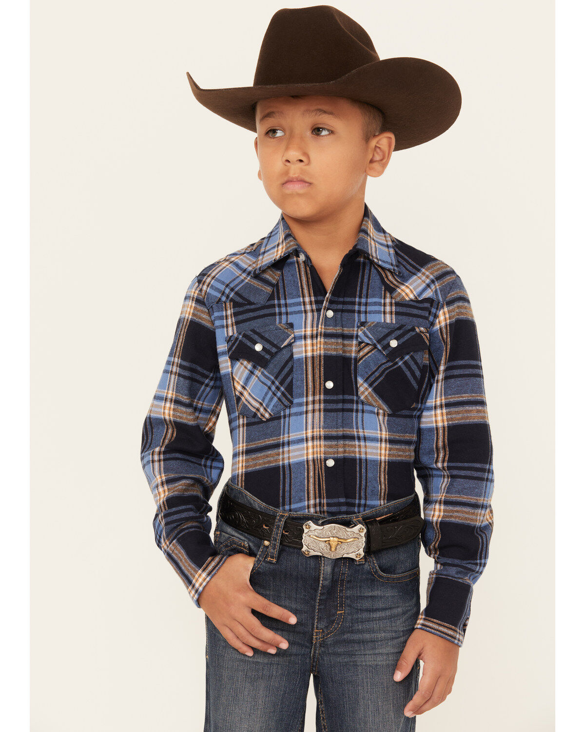 Boys' Ely Walker Plaid Print Brushed Flannel Long Sleeve Pearl Snap We