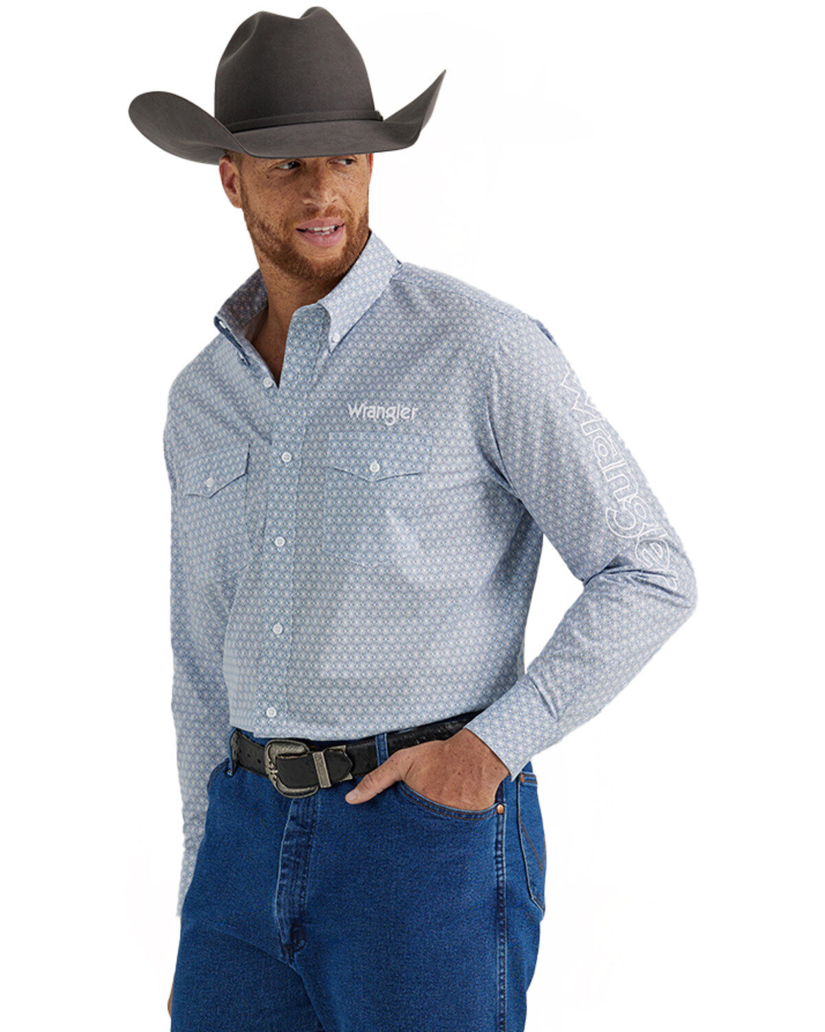 Men's Wrangler Logo Geo Print Long Sleeve Button-Down Western Shirt