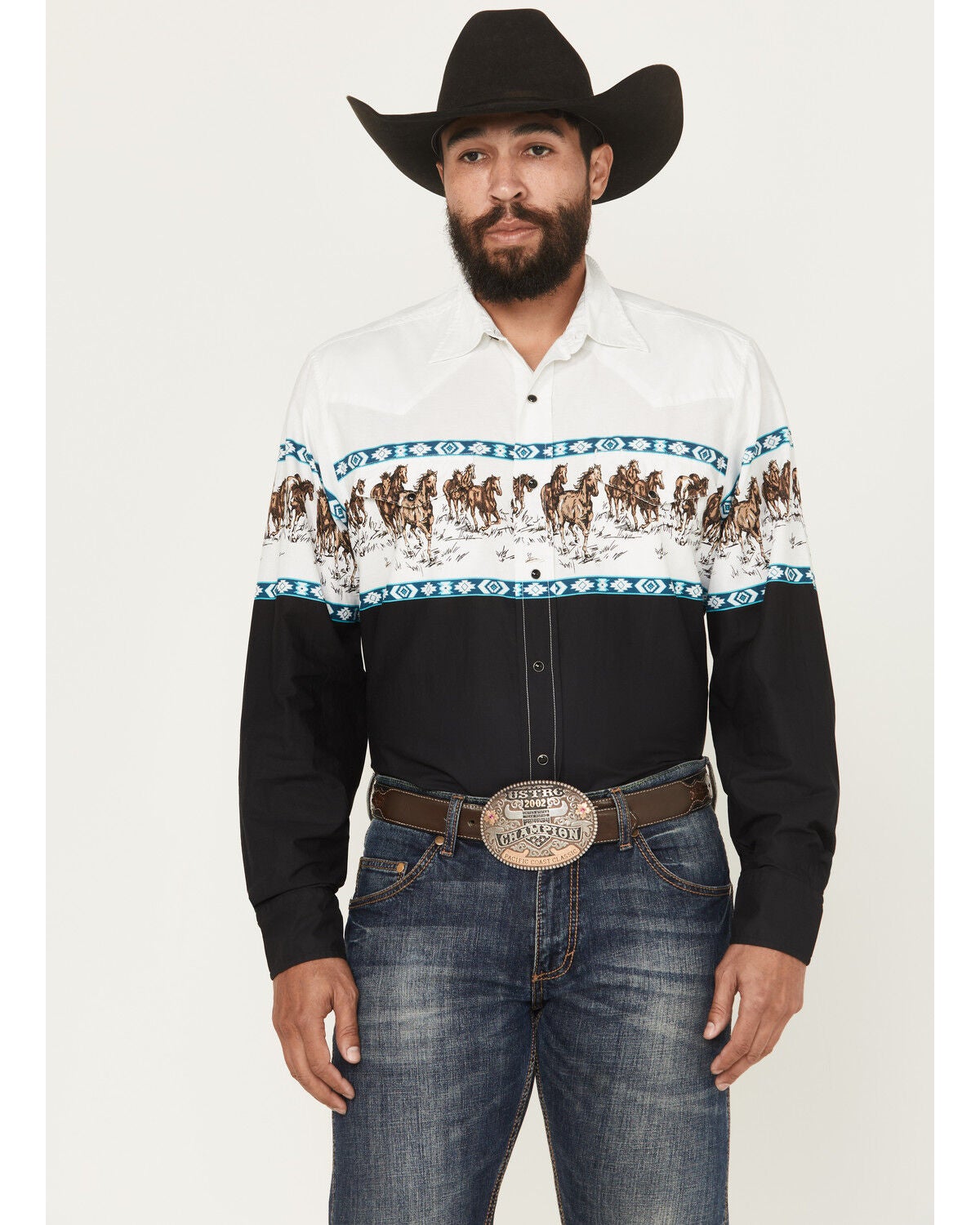 Men's Roper Horse Border Print Long Sleeve Snap Western Shirt