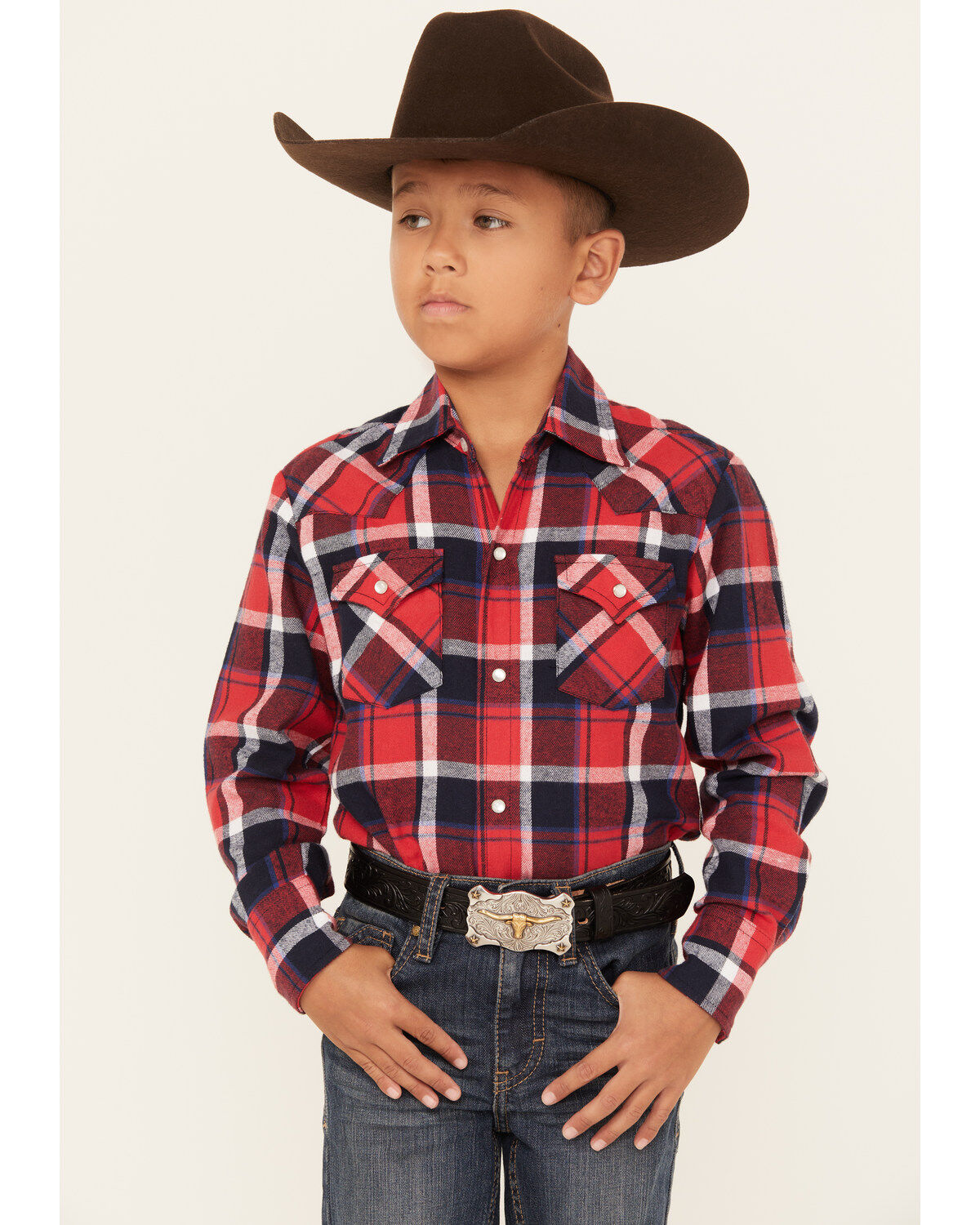 Boys' Ely Walker Plaid Print Brushed Flannel Long Sleeve Pearl Snap We