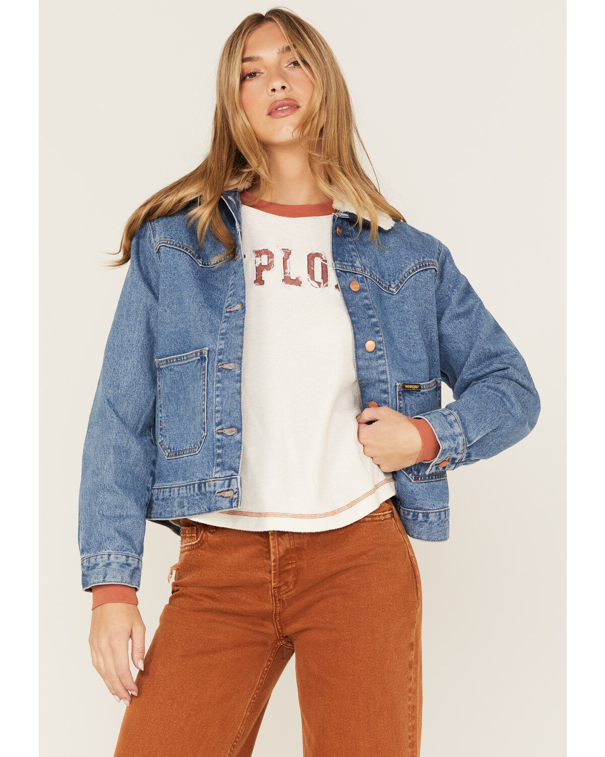 Women's Wrangler Light Wash Denim Sherpa Collar Western Jacket