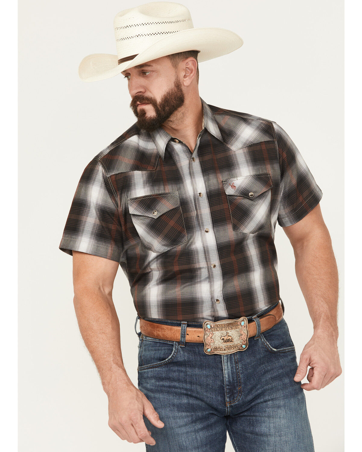 Men's Rodeo Clothing Plaid Print Short Sleeve Snap Stretch Western Shi