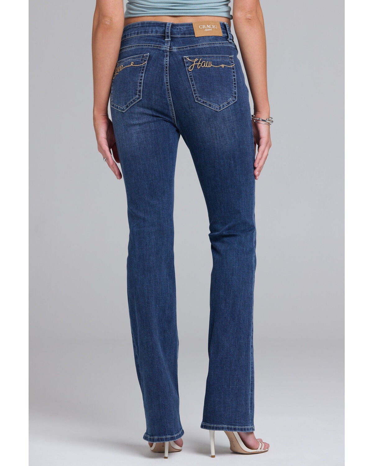 Women's Grace in LA Dark Wash Yeehaw Pocket Flare Stretch Denim Jeans