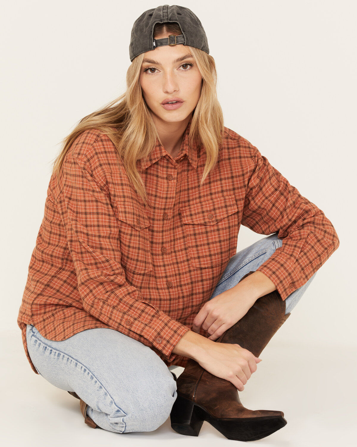 Women's Cleo + Wolf Plaid Print Oversized Long Sleeve Flannel Button D