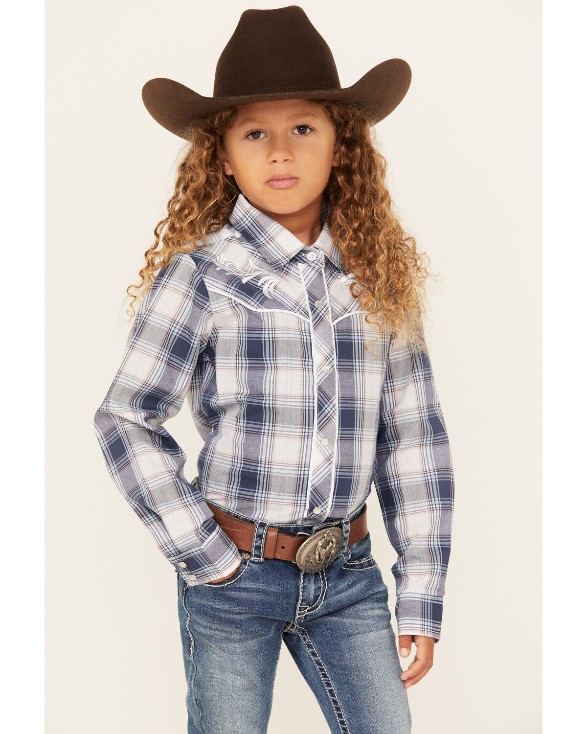 Girls' Ely Walker Embroidered Yoke Plaid Print Long Sleeve Pearl Snap