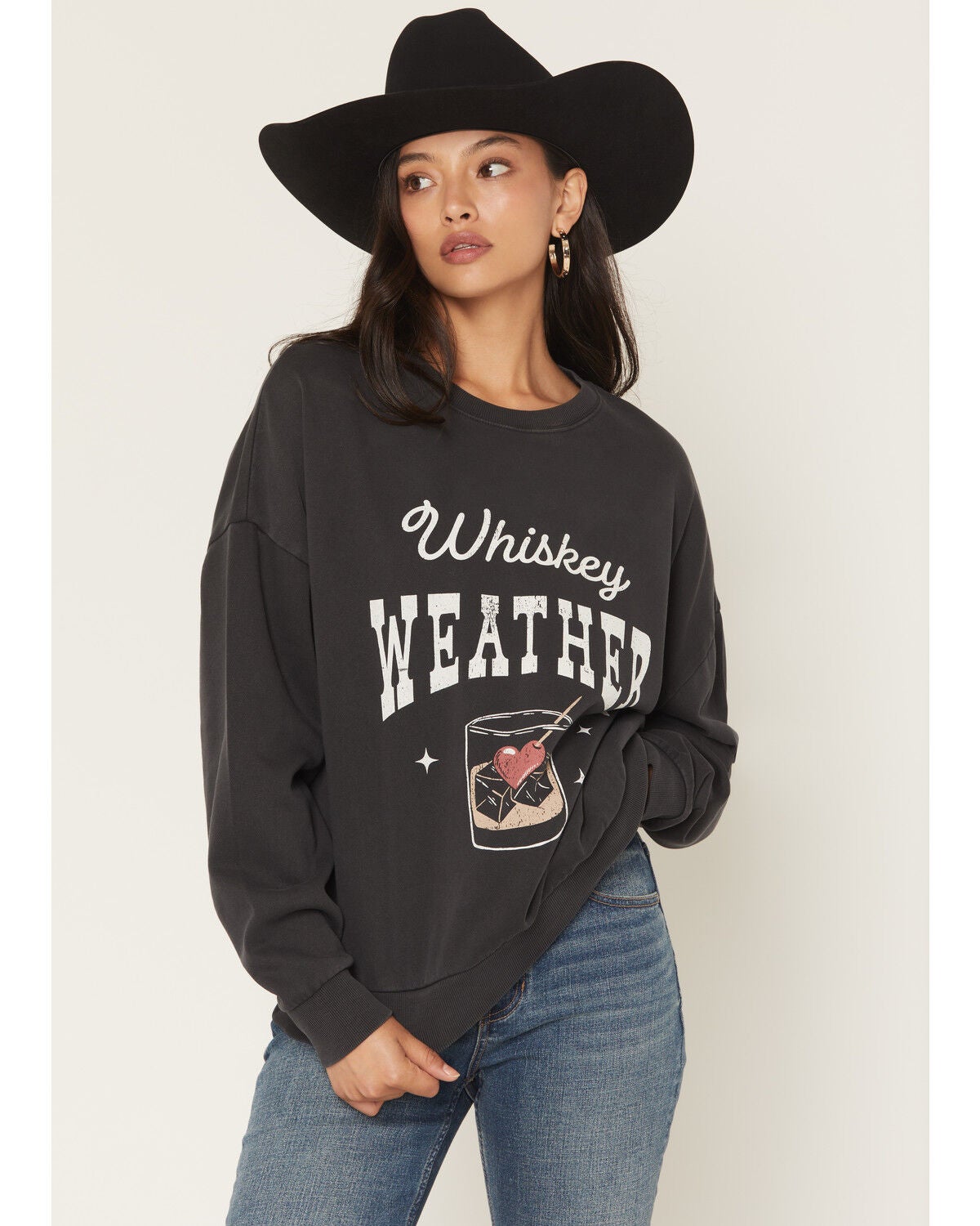 White Crow Whiskey Weather Women’s Graphic Crewneck Sweatshirt in Black – Long Sleeve 100% Cotton Pullover, Size Medium