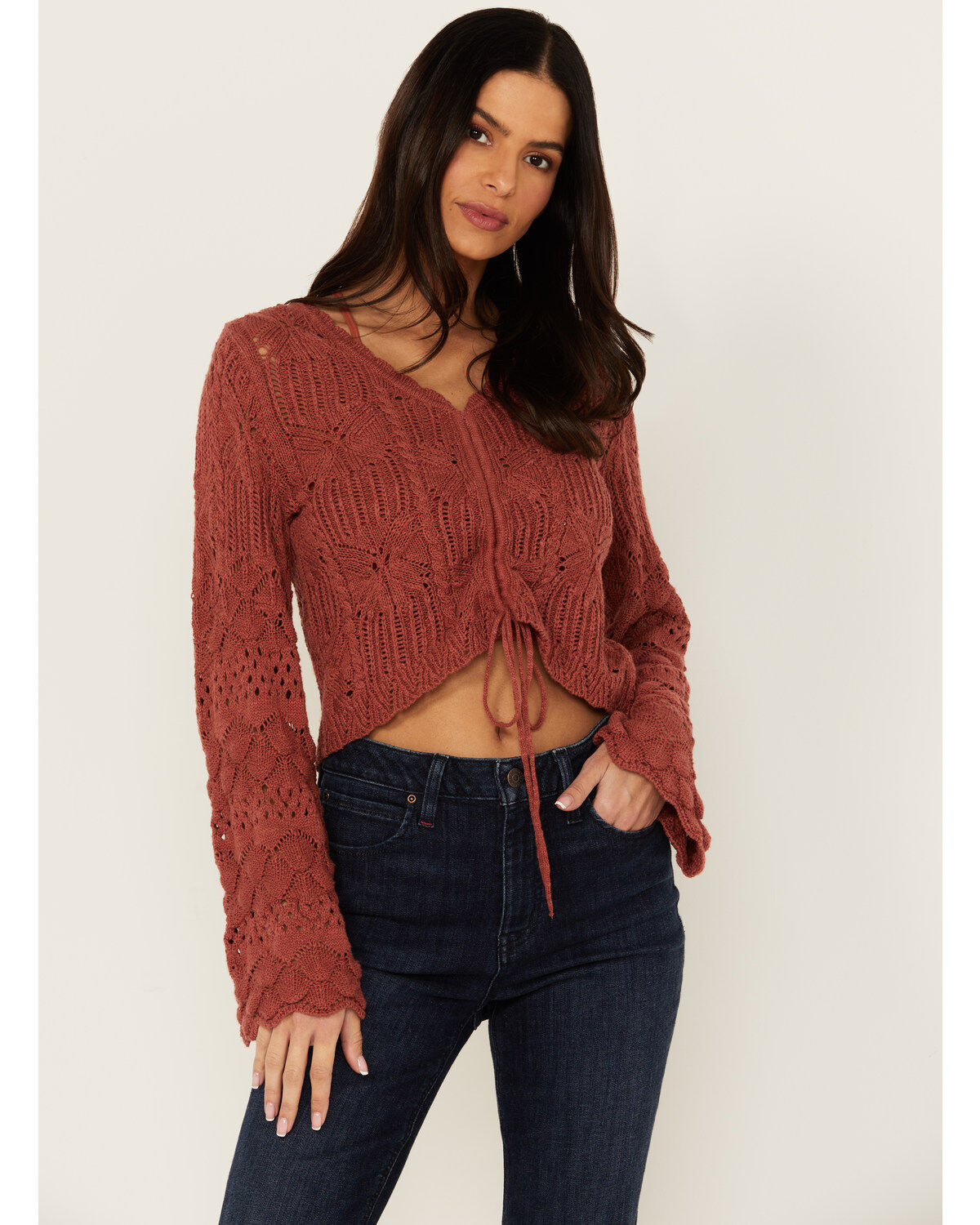 Women's Shyanne Bell Sleeve Cropped Crochet Sweater