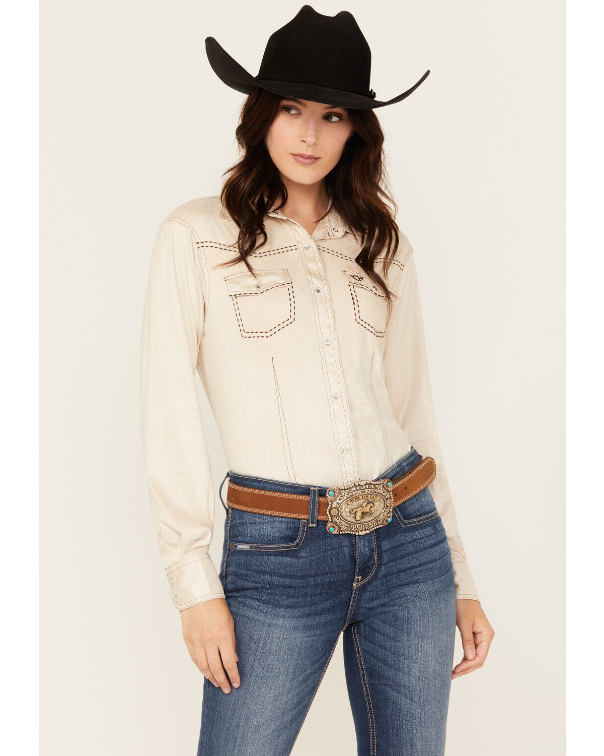 Women's Cowgirl Hardware Faux Suede Long Sleeve Snap Western Shirt