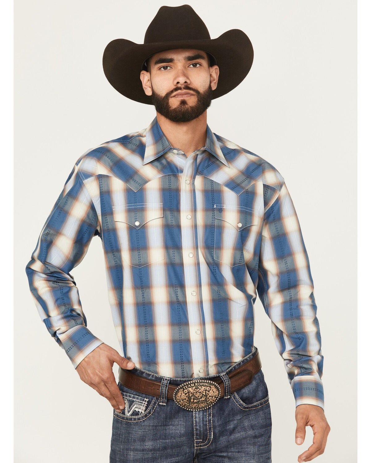 Men's Stetson Dobby Plaid Print Long Sleeve Western Shirt