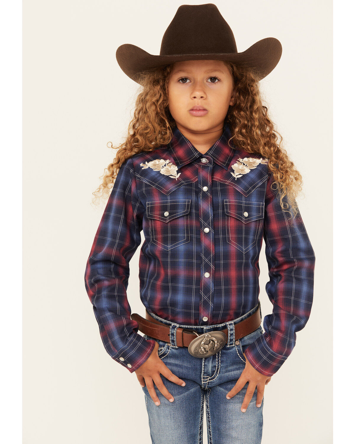 Girls' Ely Walker Plaid Print Rose Embroidered Long Sleeve Pearl Snap
