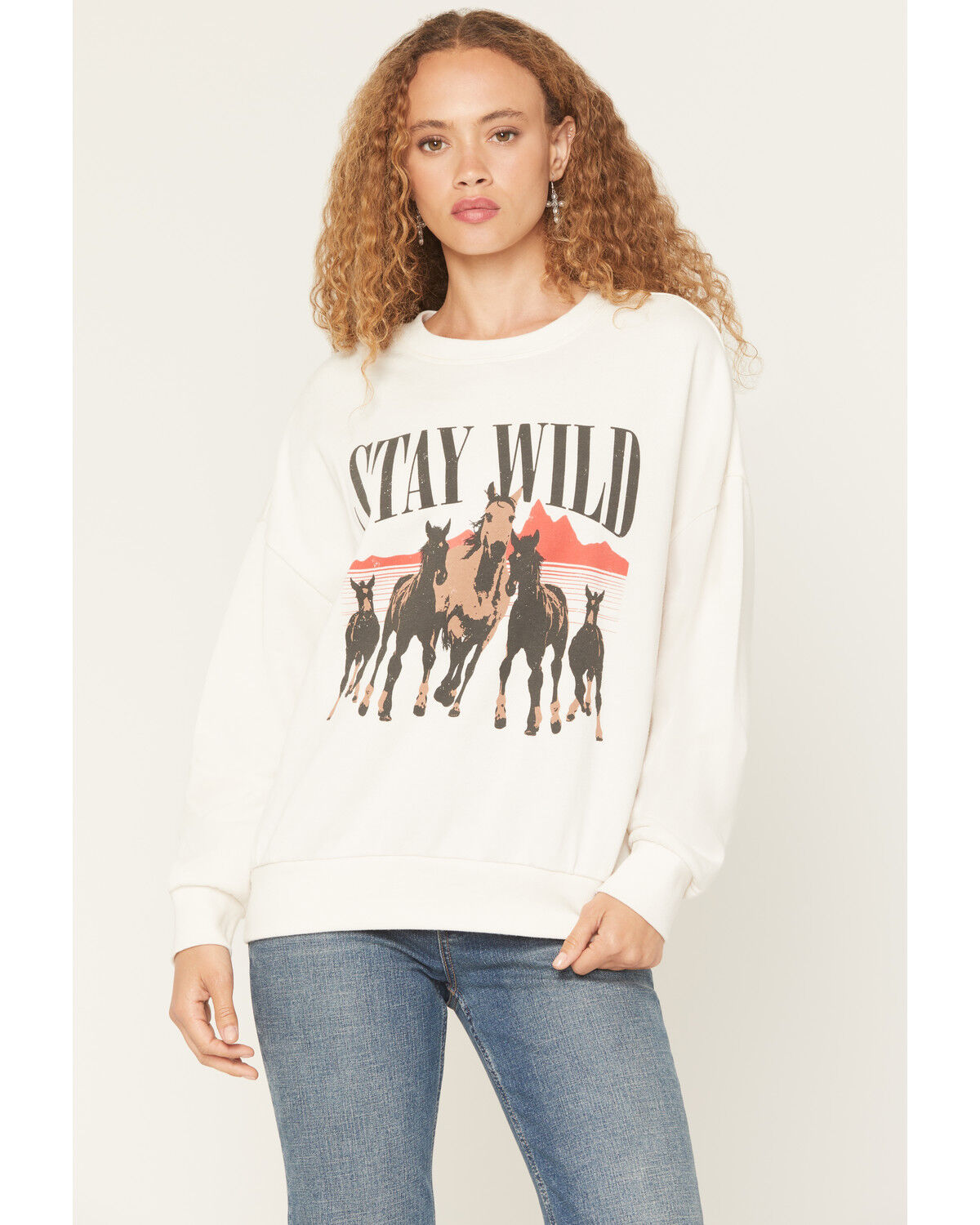 Women's White Crow Stay Wild Horse Print Crewneck Sweatshirt