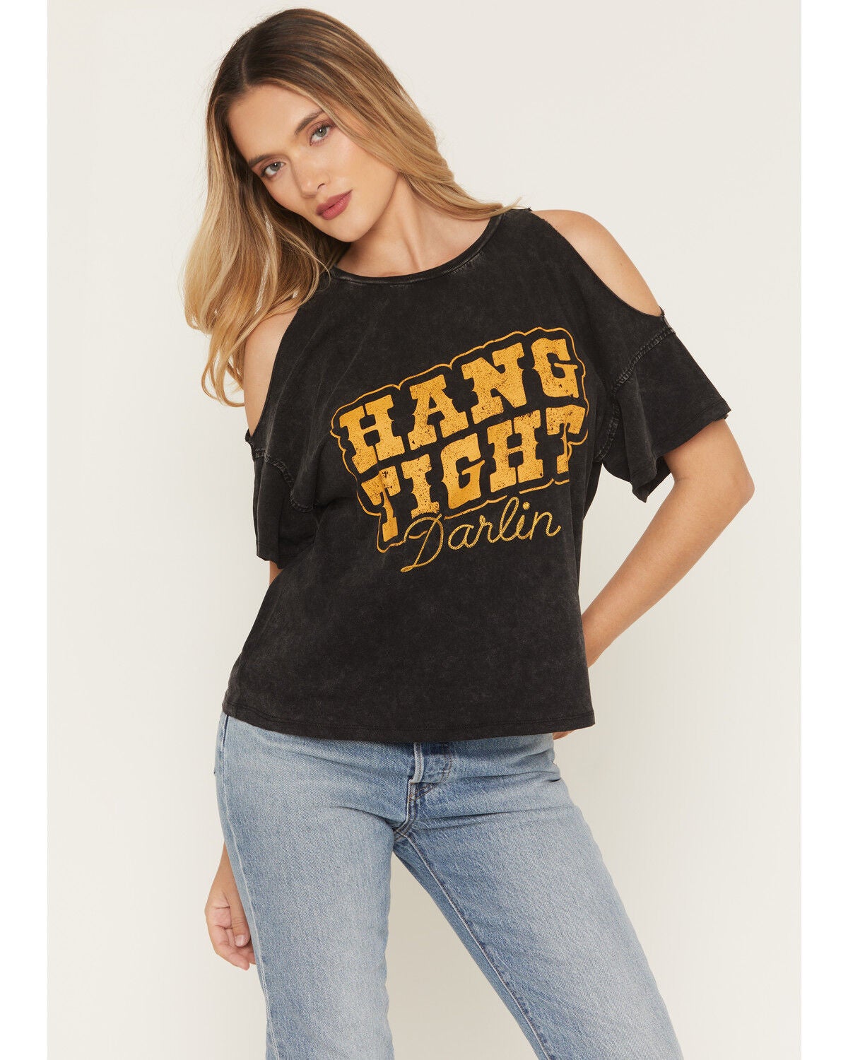 Women's White Crow Hang Tight Cold Shoulder Short Sleeve Graphic Tee