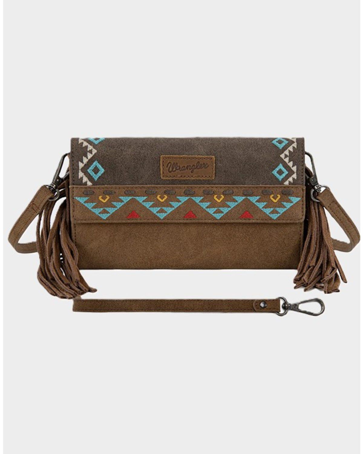 Women's Wrangler Southwestern Embroidered Fringe Wallet Crossbody Bag