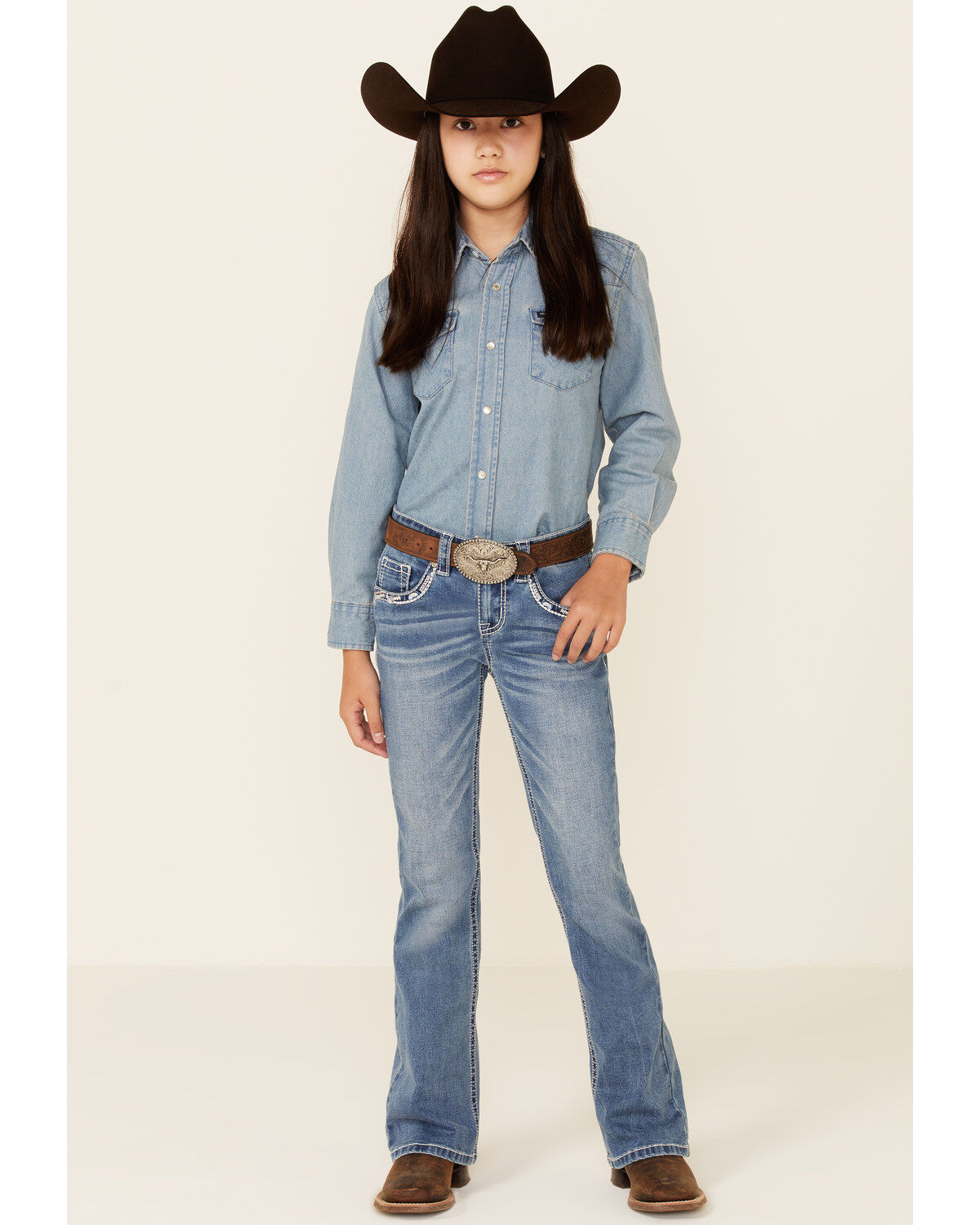 Girls' Shyanne Little Medium Wash Chevron Stitch Pocket Bootcut Jeans