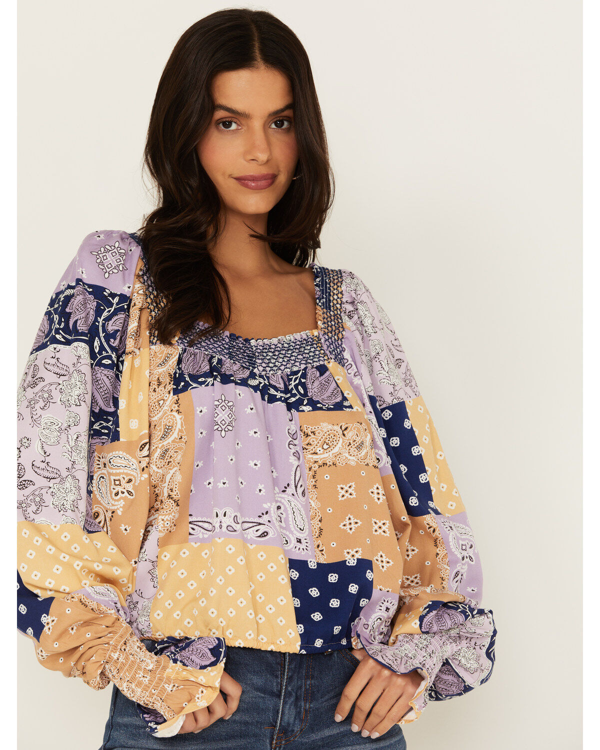 Women's Wrangler Retro Bandana Patchwork Print Long Sleeve Crop Top