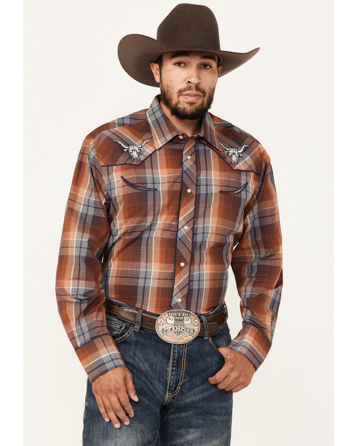Men's Roper Plaid Print Embroidered Long Sleeve Pearl Snap Western Shi