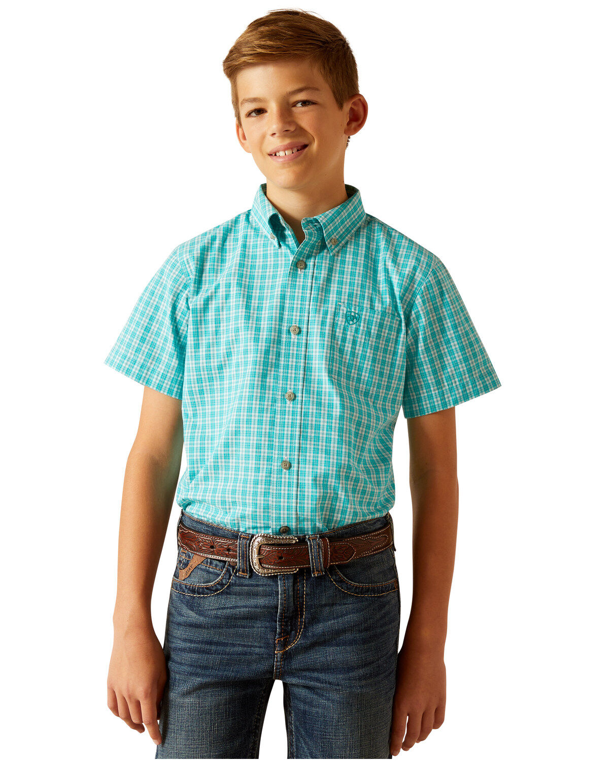 Boys' Ariat Pro Jensen Plaid Print Short Sleeve Button-Down Western Sh