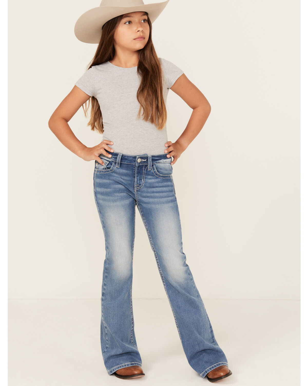 Girls' Miss Me Medium Wash Fleur de Lis Pocket Flare Stretch Denim Jea