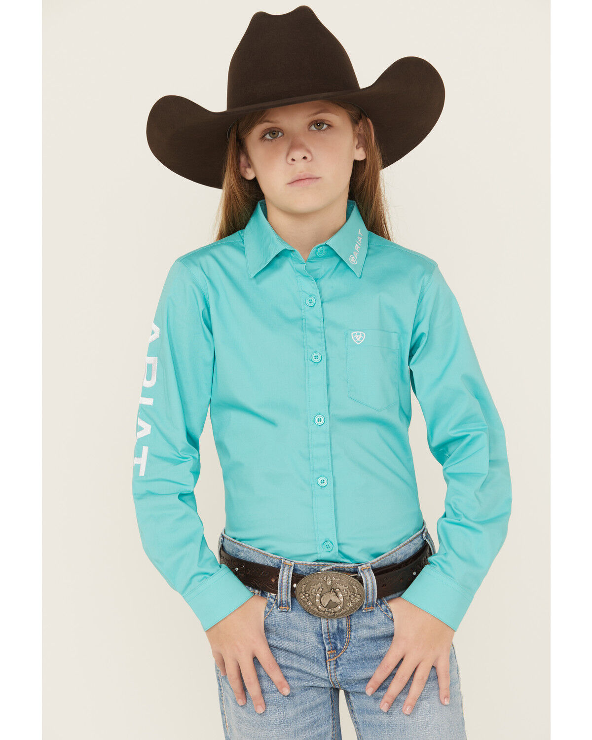 Girls' Ariat Team Kirby Solid Logo Long Sleeve Button-Down Stretch Wes