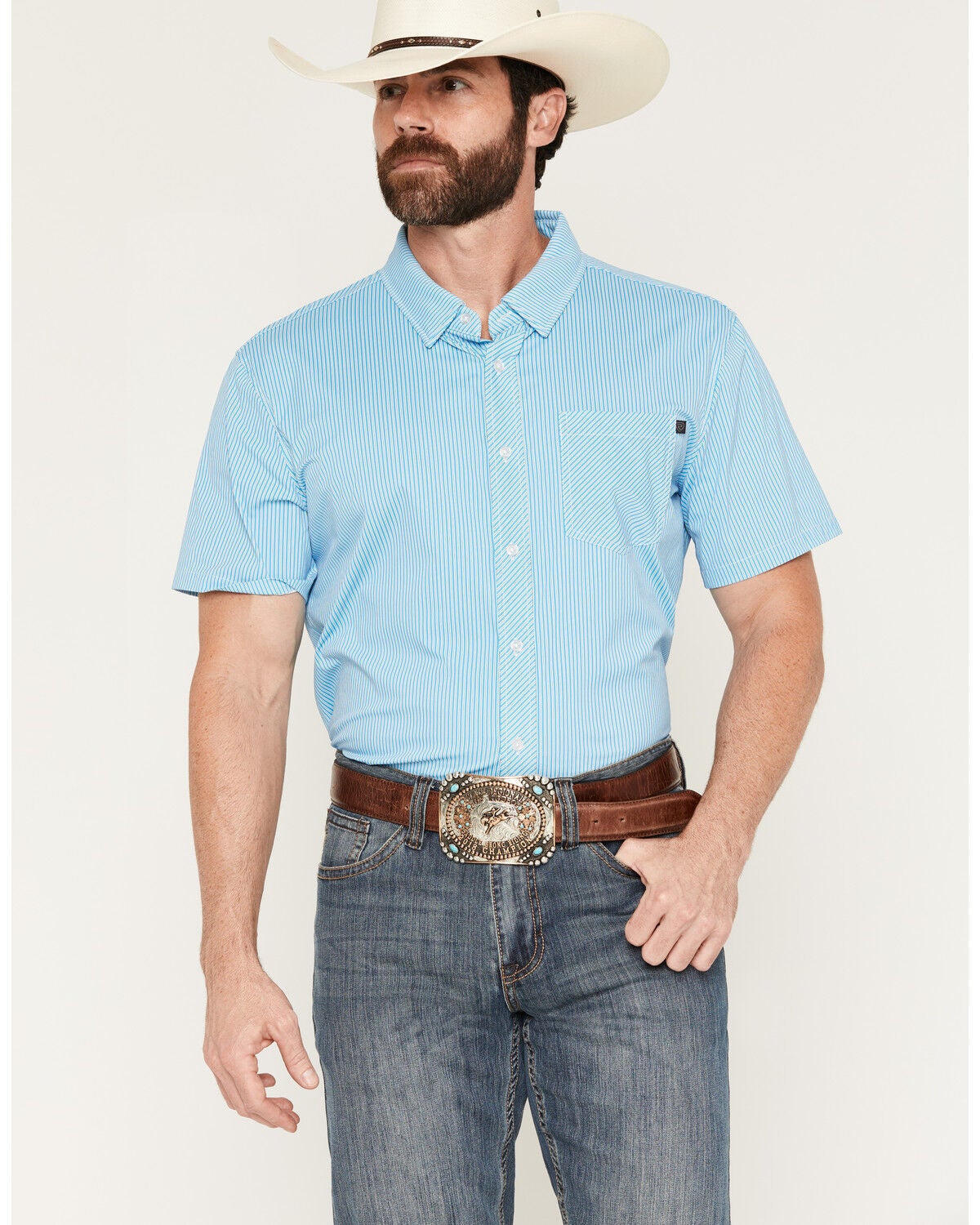 Men's Rock & Roll Denim Tek Core tripe Print Short Sleeve Button-Down