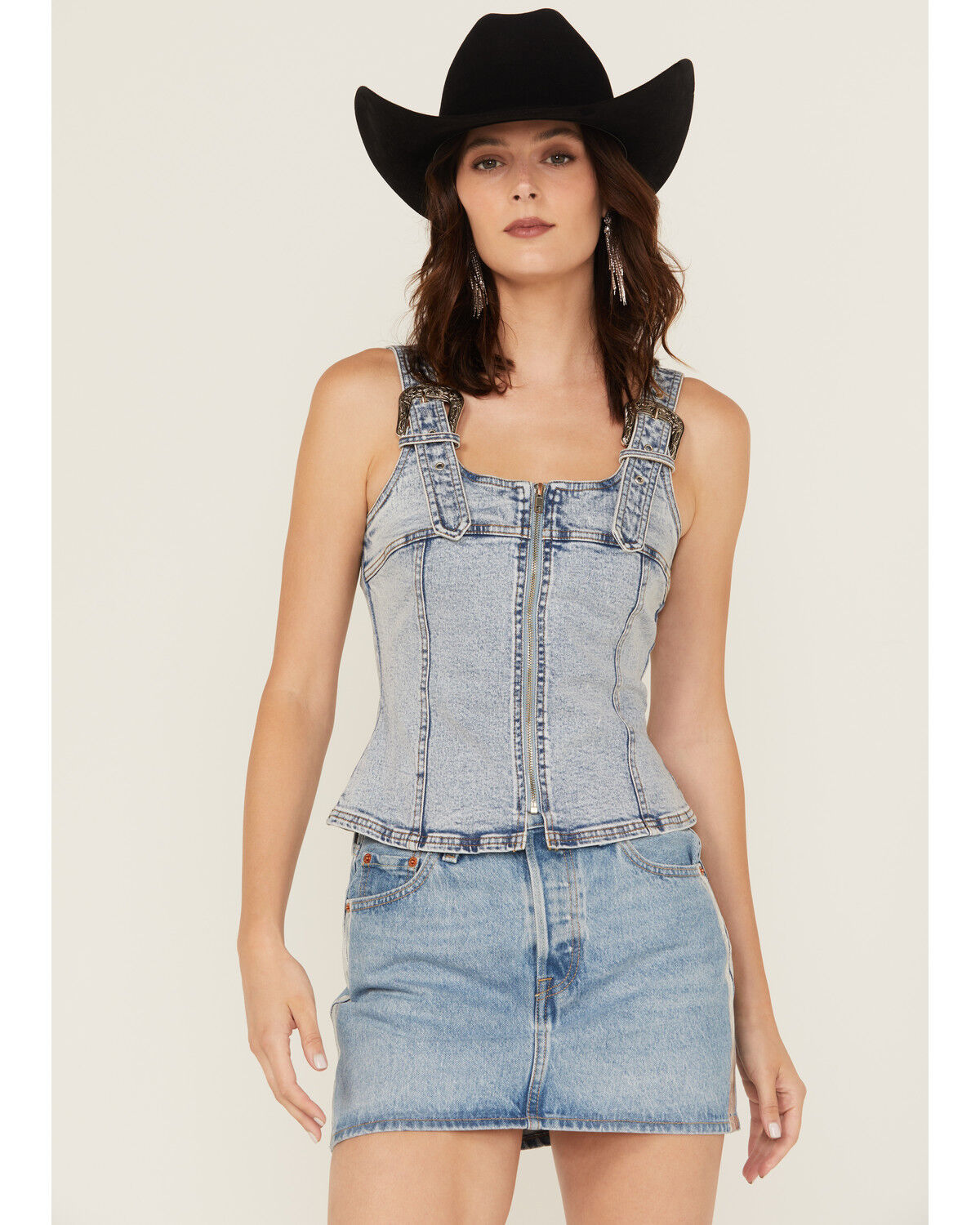 Women's Blue B Sleeveless Buckle Strap Denim Top