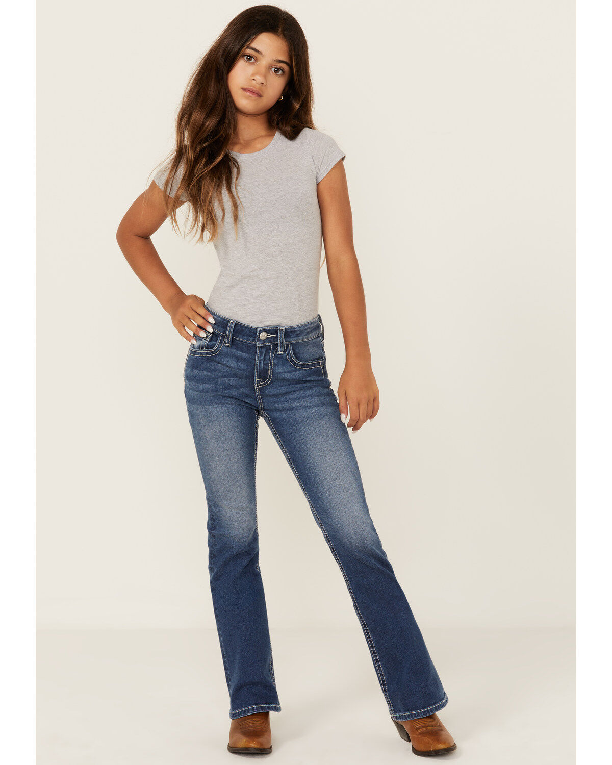 Girls' Miss Me Dark Wash Steerhead Pocket Bootcut Stretch Denim Jeans