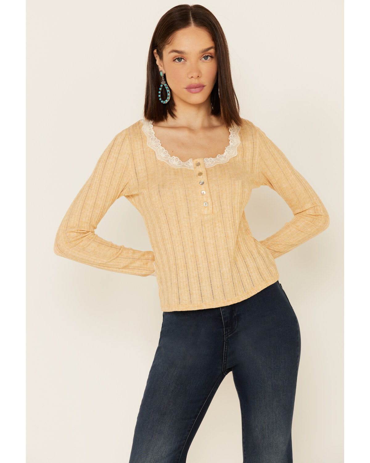Women's Wild Moss Ribbed Knit Henley Lace Long Sleeve Top