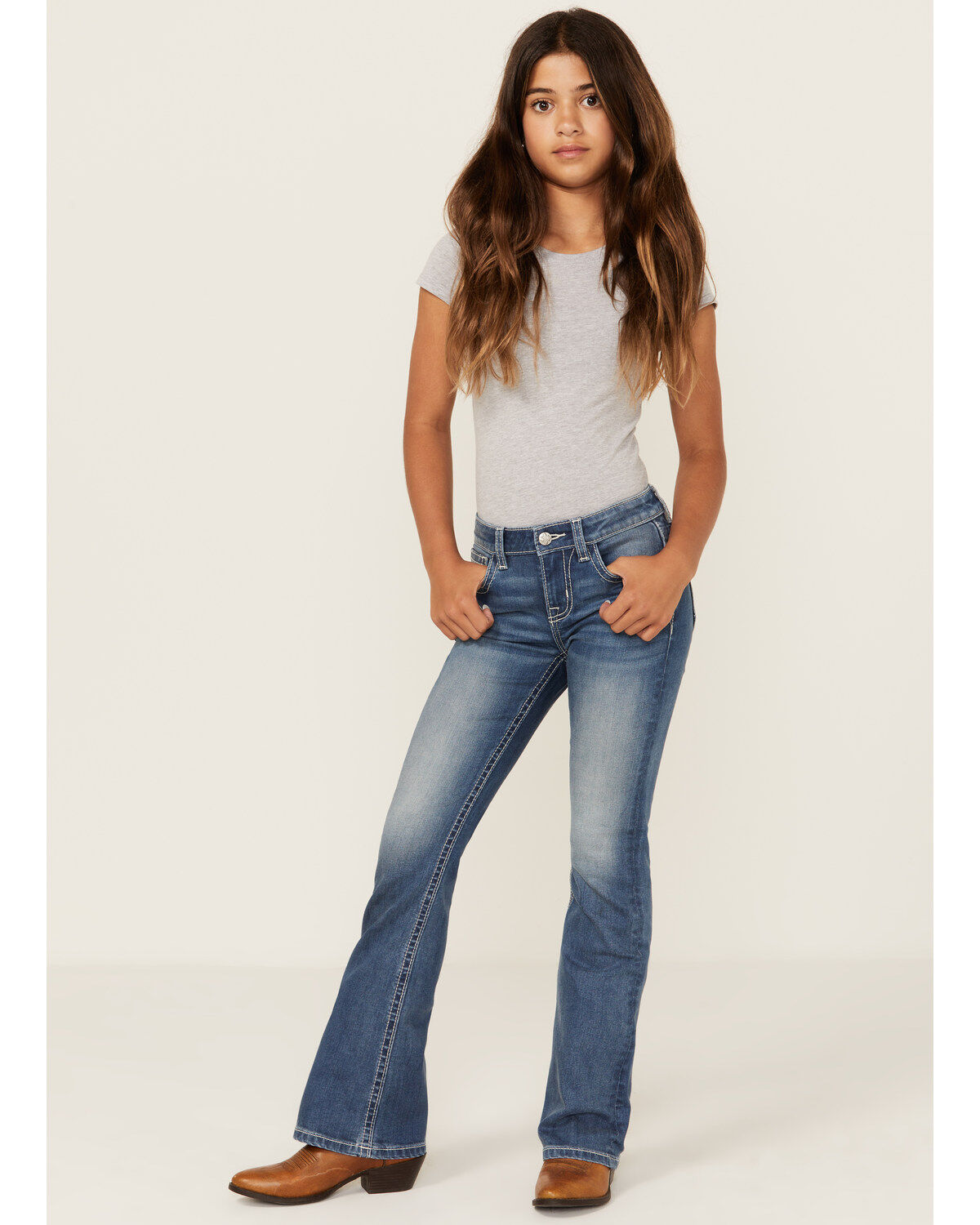 Girls' Miss Me Medium Wash Crisscross Faux Flap Pocket Bootcut Stretch