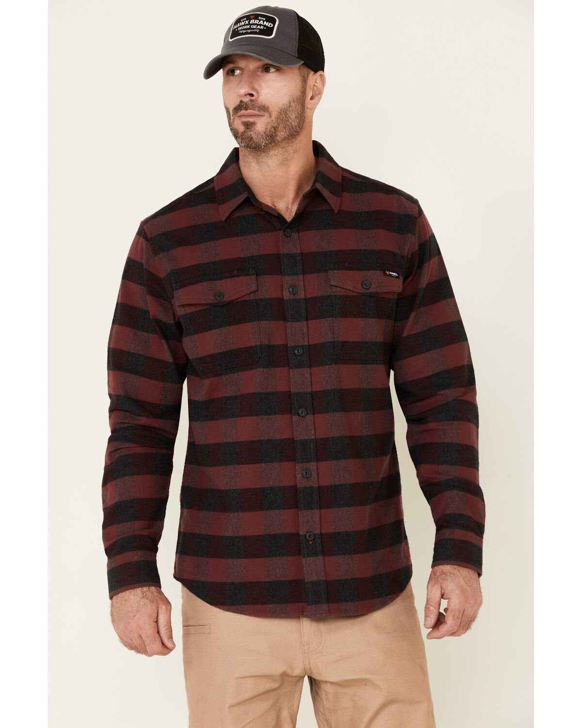 Men's Hawx Dark Red Harris Stretch Plaid Flannel Long Sleeve Button Do