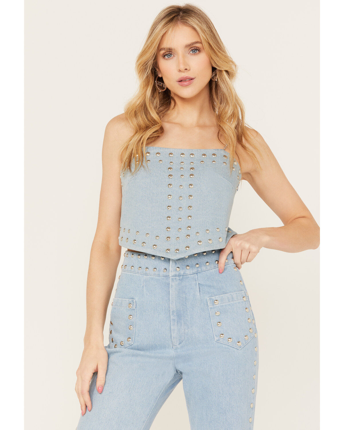 Women's Understated Leather Bluegrass Rhinestone Denim Crop Top