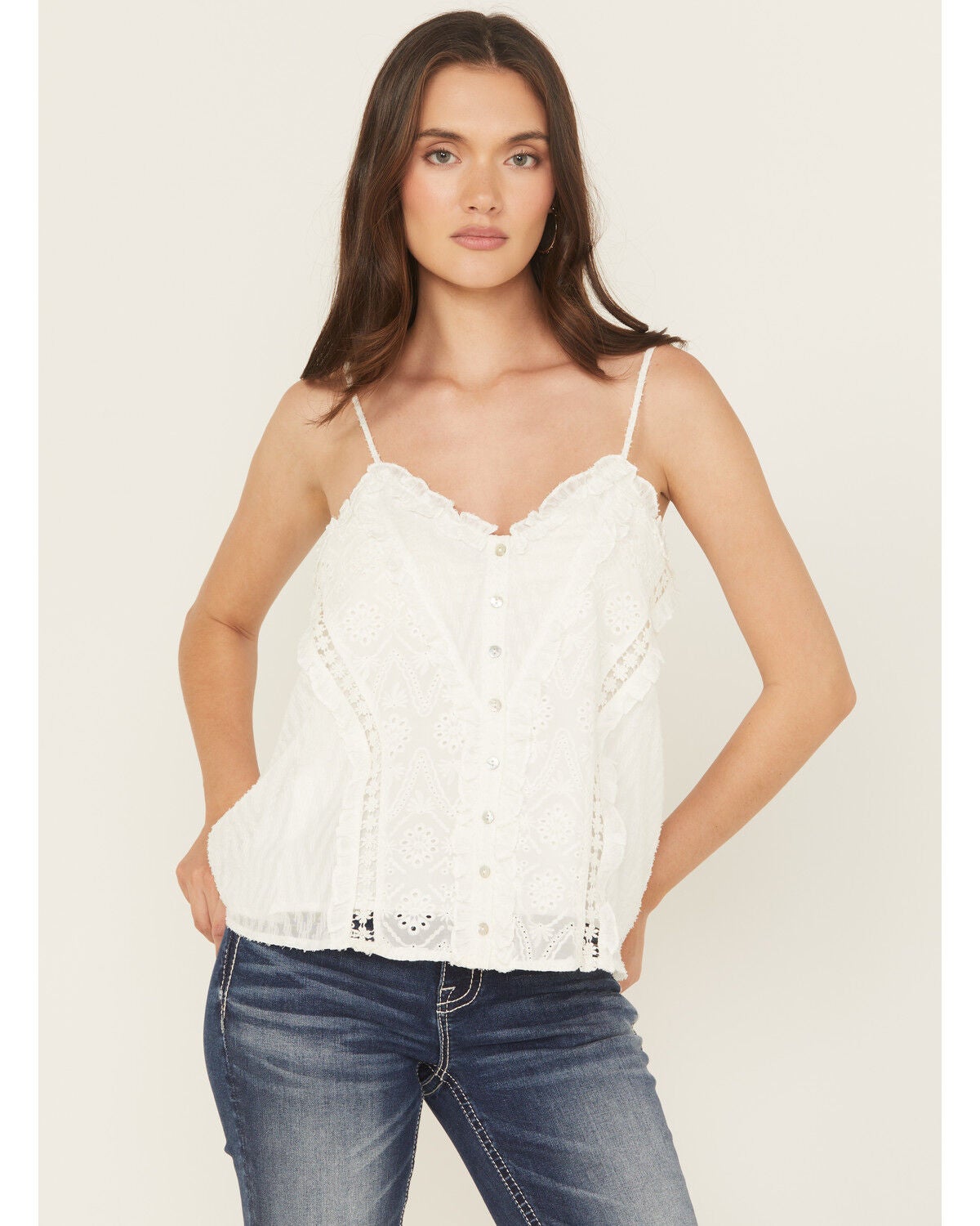 Women's Miss Me Eyelet Sleeveless Button-Down Ruffle Tank Top